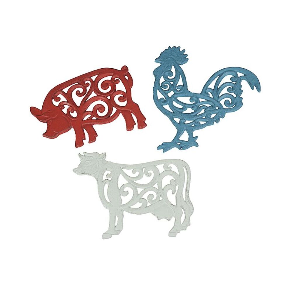 Set of 3 Cast Iron Farm Animal Kitchen Trivets Wall Art Decor Rooster Cow Pig